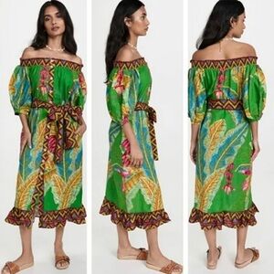 Farm Rio - Banana Leaves Off Shoulder Midi Dress in Banana Leaves